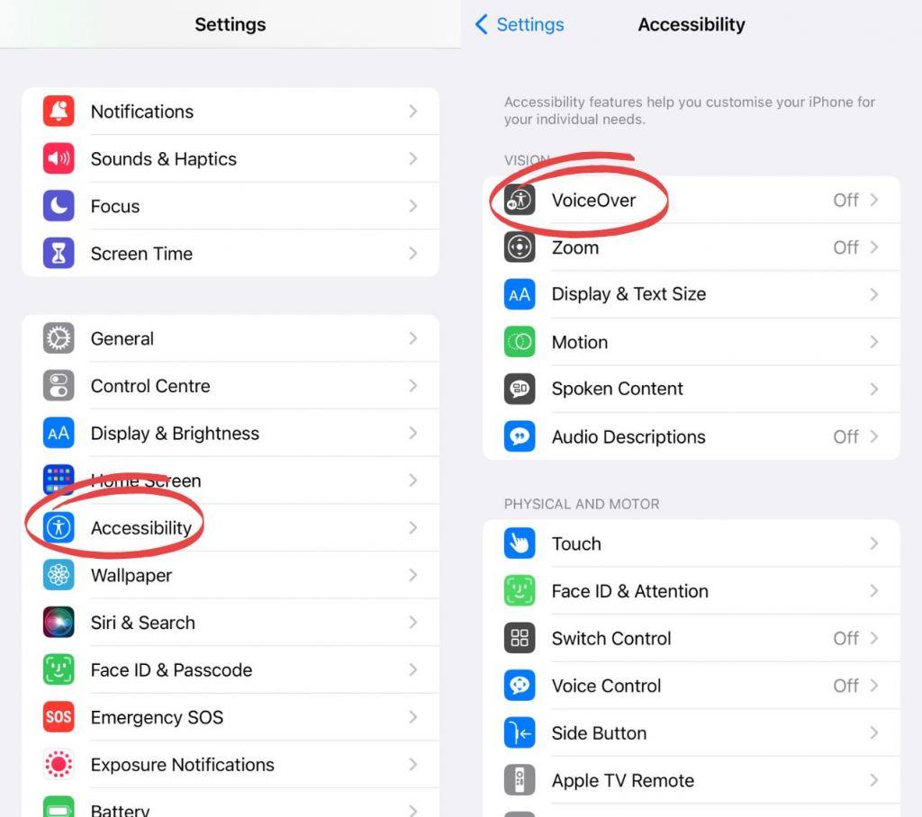 Turn off the voice-over feature on iPhone