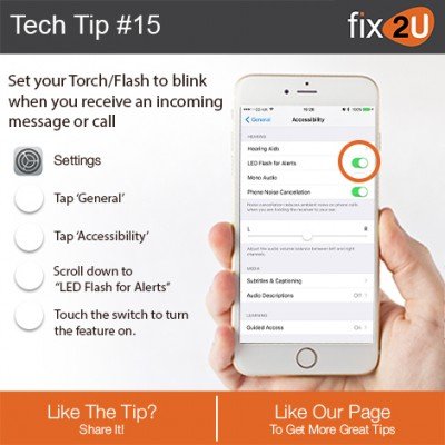 iPhone Tech Tip #15 - Set your torch to blink for an incoming call. Brought to by fix2U - Australia Largest On-site Device Repair Service. iPhone Repair That Comes To You.