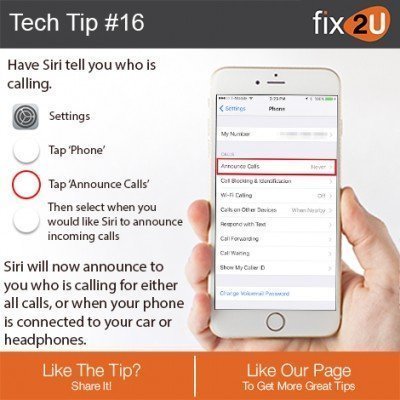 iPhone Tech Tip #16 - Have Siri tell you who is calling. Brought to by fix2U - Australia Largest On-site Device Repair Service. iPhone Repair That Comes To You.