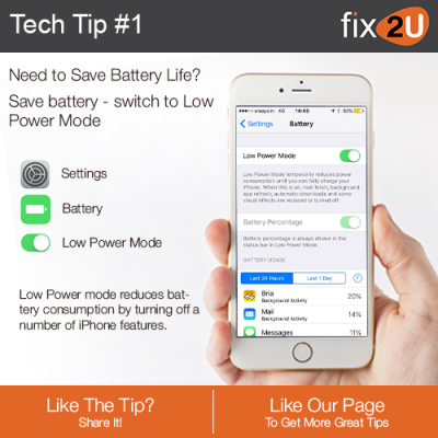 iPhone Tech Tip #1 - How to switch to low power mode on your iPhone. Brought to by fix2U - Australia Largest On-site Device Repair Service. iPhone Repair That Comes To You.