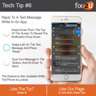 iPhone Tech Tip #6 - Reply to a text while you're in an app. Brought to by fix2U - Australia Largest On-site Device Repair Service. iPhone Repair That Comes To You.