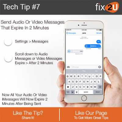 iPhone Tech Tip #7 - Send expiring messages. Brought to by fix2U - Australia Largest On-site Device Repair Service. iPhone Repair That Comes To You.