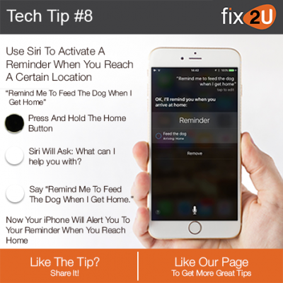 iPhone Tech Tip #8 - Create a location reminder with Siri. Brought to by fix2U - Australia Largest On-site Device Repair Service. iPhone Repair That Comes To You.